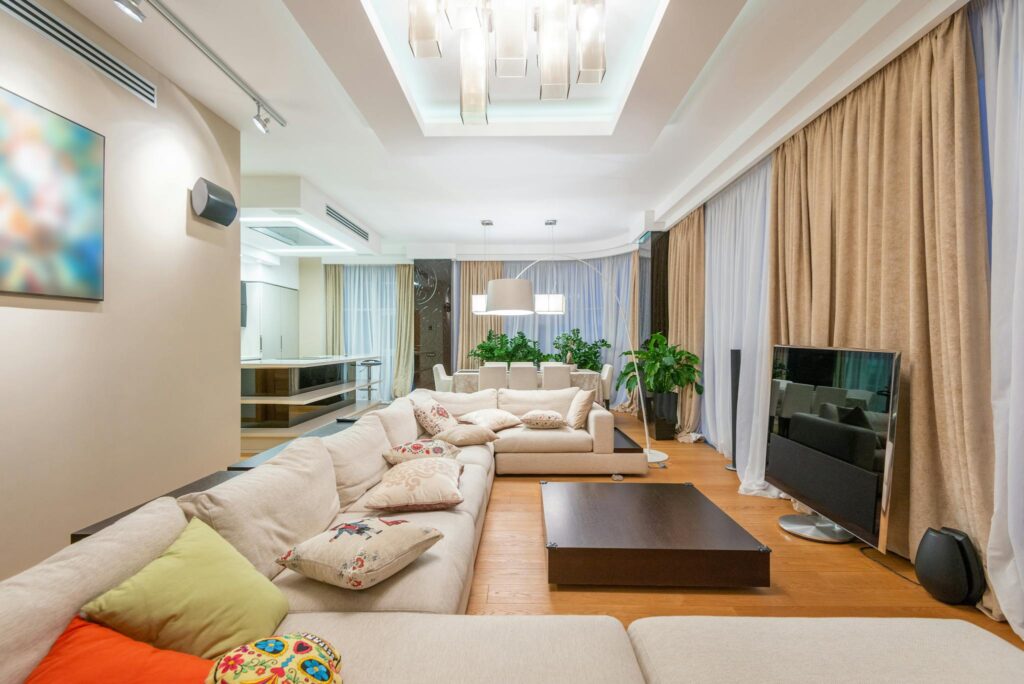 Spacious living room in stylish apartment